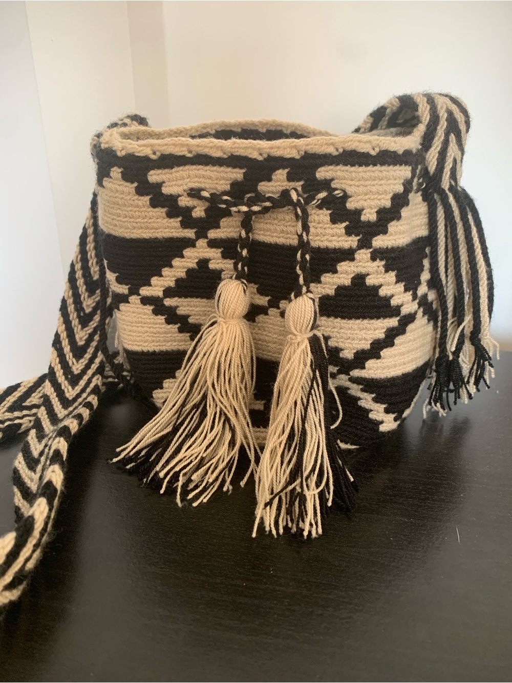 Handwoven  Tassel Bucket Bag in Black and Cream